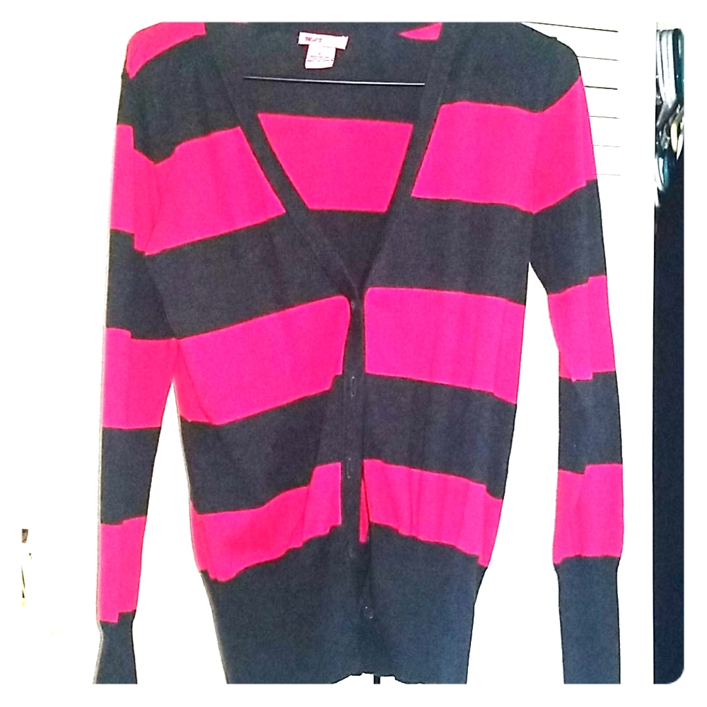 Cardigan Sweater Dark Pink-Charcoal Grey Striped-L